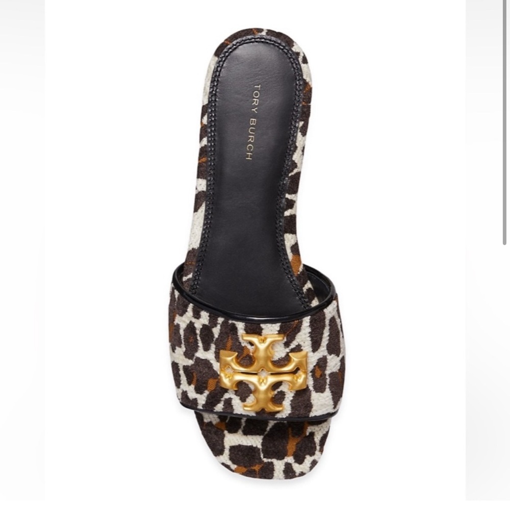 TORY BURCH ELEANOR Leather Leopard Print Gold Medallion Slide Sandals Size 8 - Picture 4 of 16